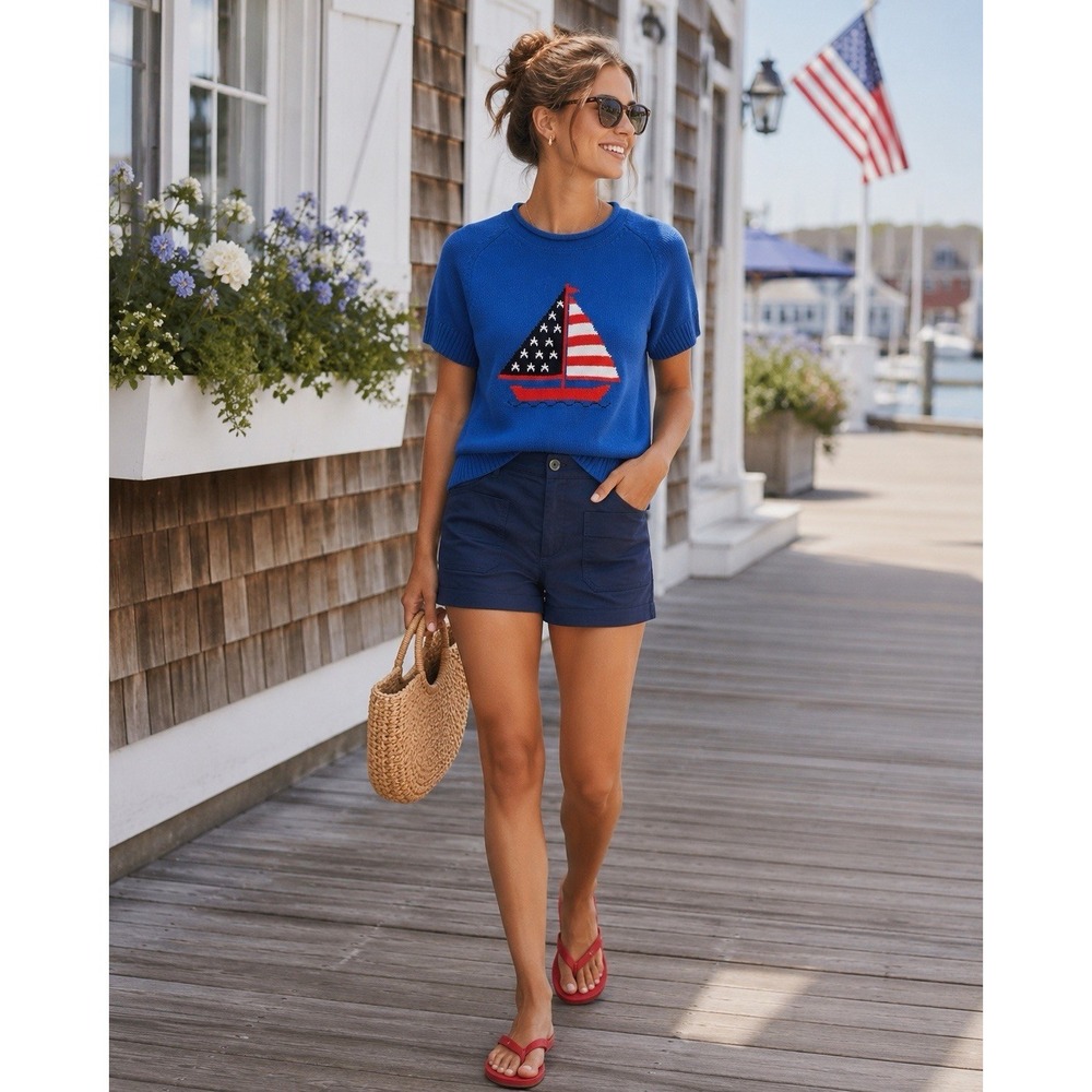 Free Assembly Sailboat Roll Neck Sweater Women's S Cotton Short Sleeve Blue NWT